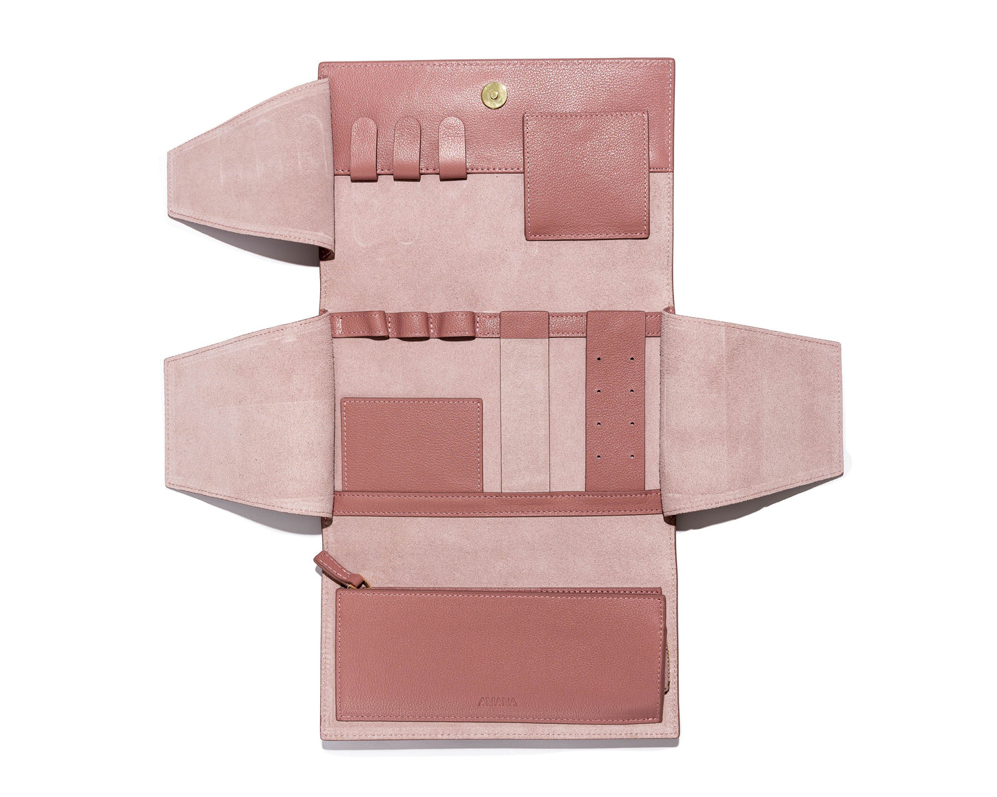 Lily jewelry wallet open – showing ring panels, zipper pouches and necklace loops