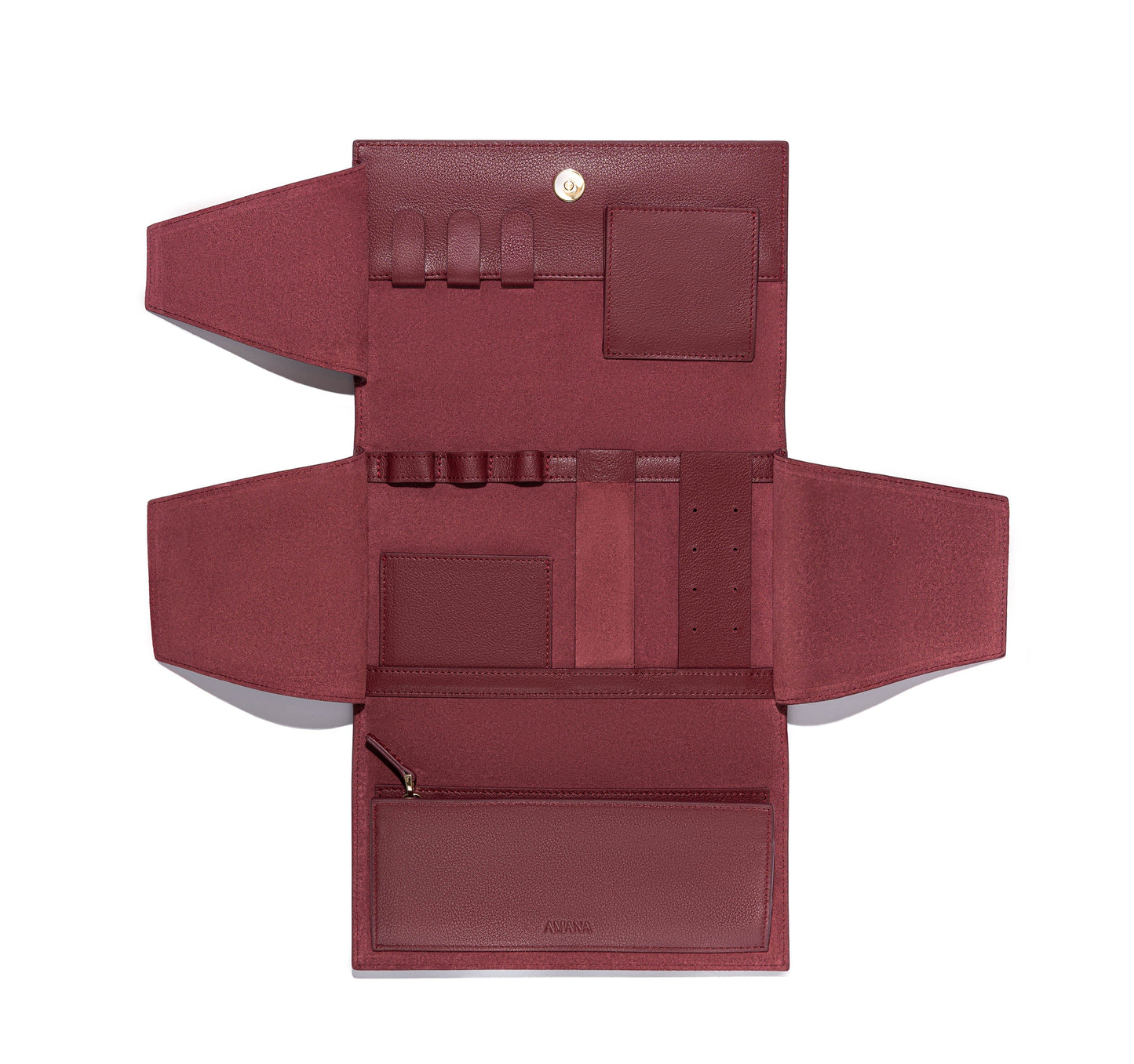 Poppy jewelry wallet open – showing ring panels, zipper pouches and necklace loops
