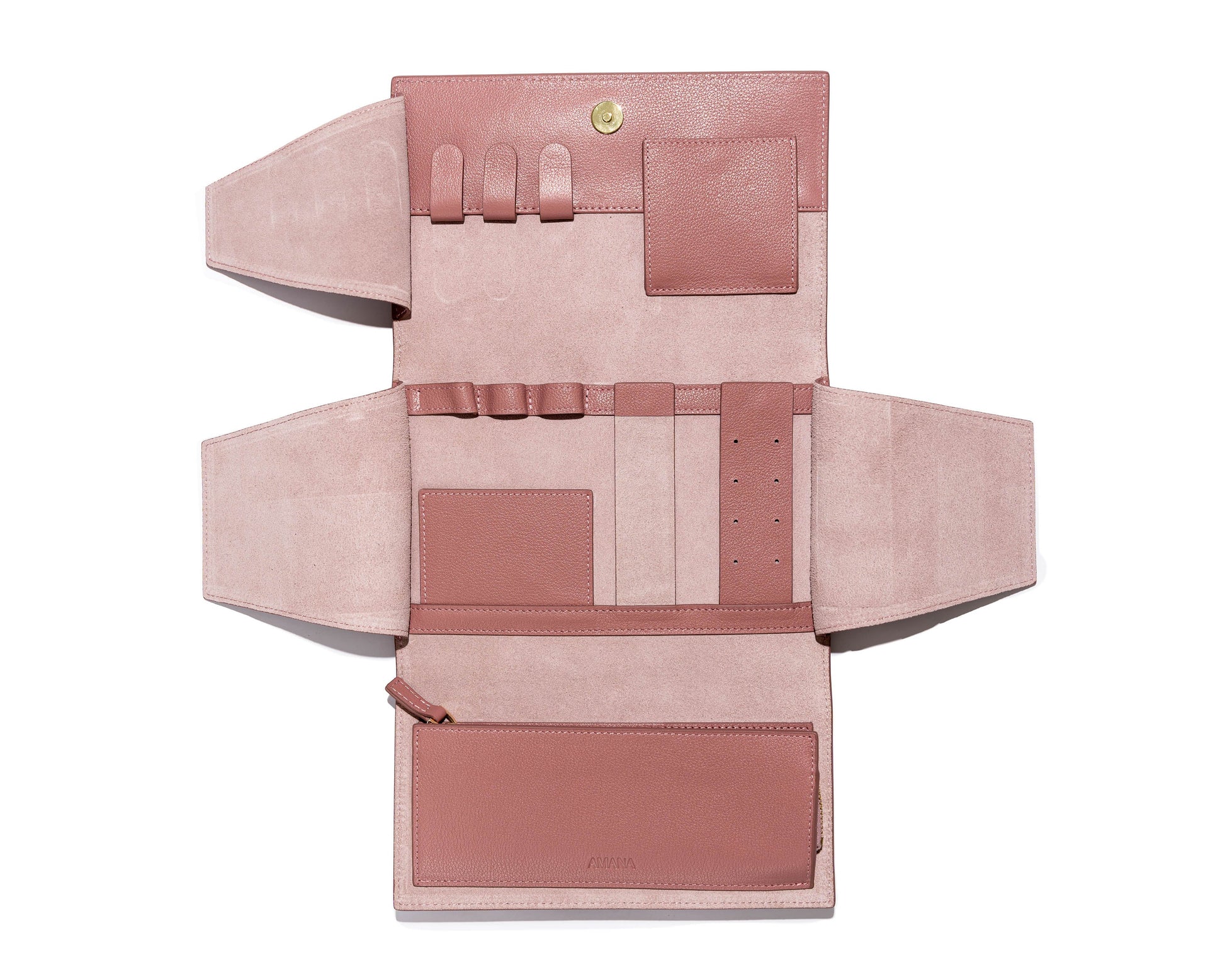 Lily jewelry wallet open – showing ring panels, zipper pouches and necklace loops